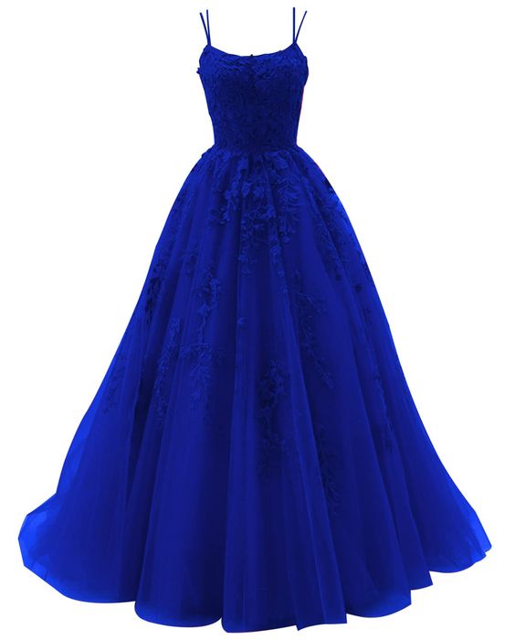 Vestido de fiesta azul real con tirantes finos, vestido de baile con apliques de encaje, vestido largo de tul para boda, vestido de noche formal de princesa Y1905