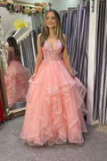 Vestidos largos de fiesta rosas con escote en V y encaje, vestidos de noche rosas corte A Y1885