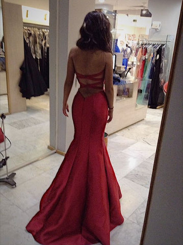 Burgundy Satin Mermaid/Trumpet Prom Dress Backless Evening Dress Y1908