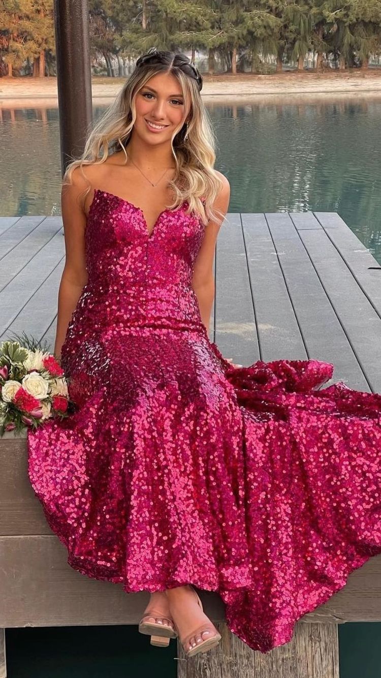 Vestido largo de fiesta sin tirantes color fucsia con lentejuelas, elegante vestido de noche corte sirena Y1876
