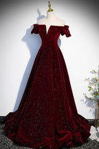 Burgundy velvet long prom dress A line evening dress s53