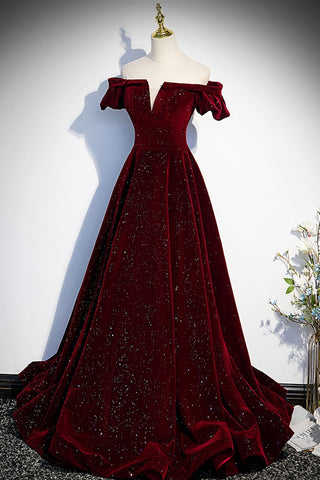 Robe de bal longue en velours bordeaux, robe de soirée trapèze s53