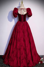Burgundy velvet jacquard long prom dress evening dress s89
