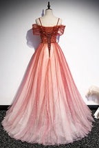 Burgundy tulle long A line prom dress evening dress s75