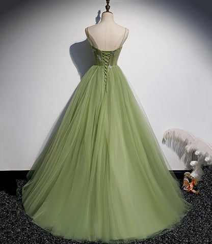 Robe de bal longue en tulle vert, robe de soirée trapèze s56