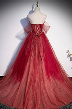 Burgundy tulle sequins long prom dress A line evening gown s55