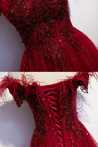 Robe de soirée longue en tulle bordeaux à sequins, coupe trapèze, référence s69