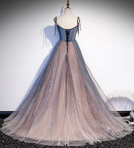 Blue tulle sequins long prom dress evening dress s80