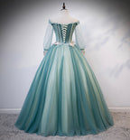 Robe de bal longue en tulle et dentelle verte, robe de soirée s107