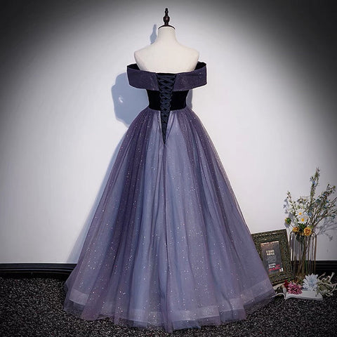 Robe de bal longue en tulle violet, robe de soirée trapèze s66