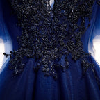 Robe de bal courte en tulle bleu à col en V s94