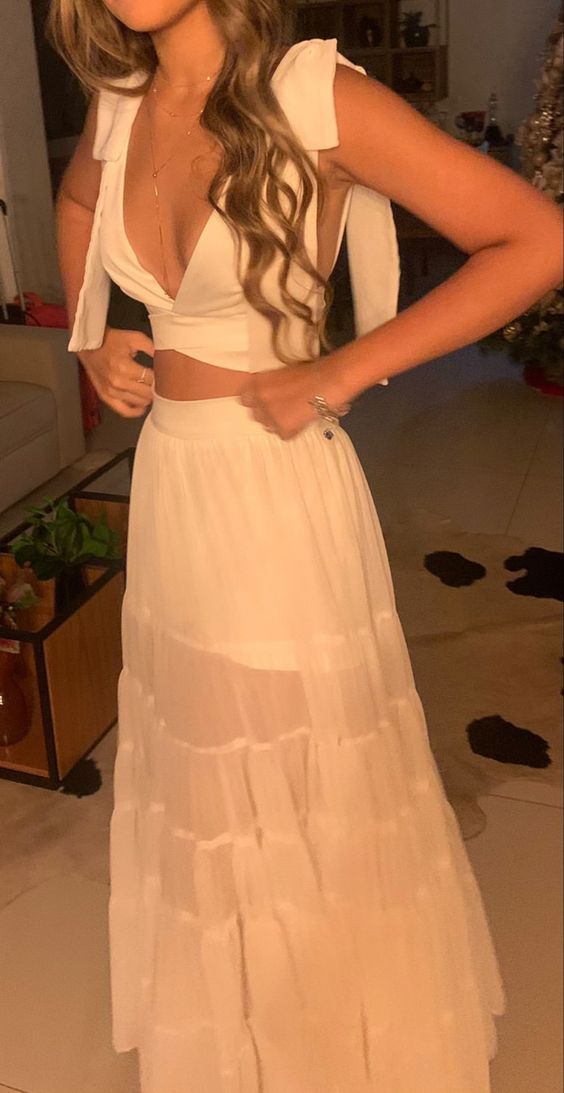 Charming Two Piece White Evening Dress White Wedding Guest Dress Y1326