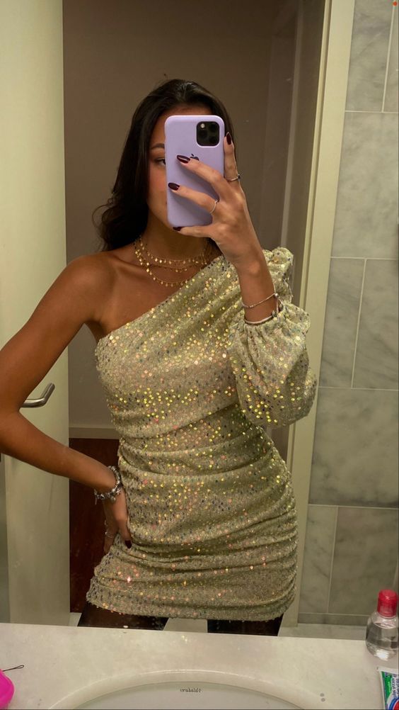 Vestido brillante de un solo hombro para baile de bienvenida, lindo vestido de fiesta Y1318