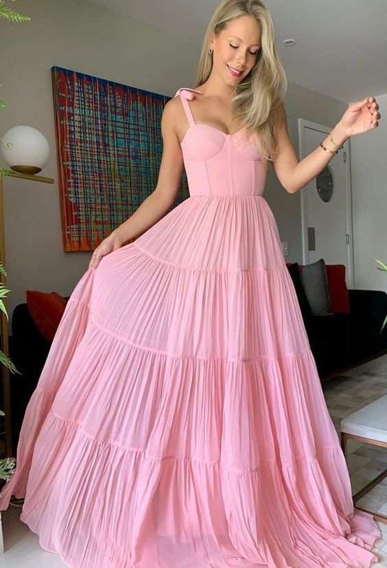 Robe de bal longue en mousseline rose poudré, robe de soirée trapèze, robe de soirée plissée à volants Y1317