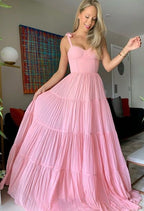 Robe de bal longue en mousseline rose poudré, robe de soirée trapèze, robe de soirée plissée à volants Y1317