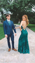 Vestido largo de noche verde estilo sirena con abertura y espalda descubierta Y1576