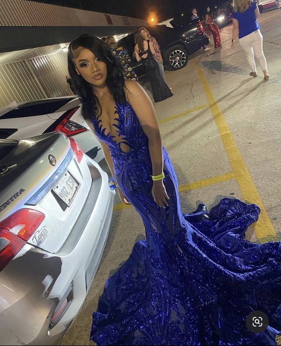 Vestido largo de sirena azul real para baile de graduación con cola, vestidos de noche sexys Y1628