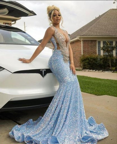 Blue Sparkly Evening Dress Long Mermaid Prom Dress Y1647