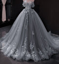 Vestido de baile elegante con hombros descubiertos y apliques de encaje azul Y1578