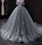 Vestido de baile elegante con hombros descubiertos y apliques de encaje azul Y1578
