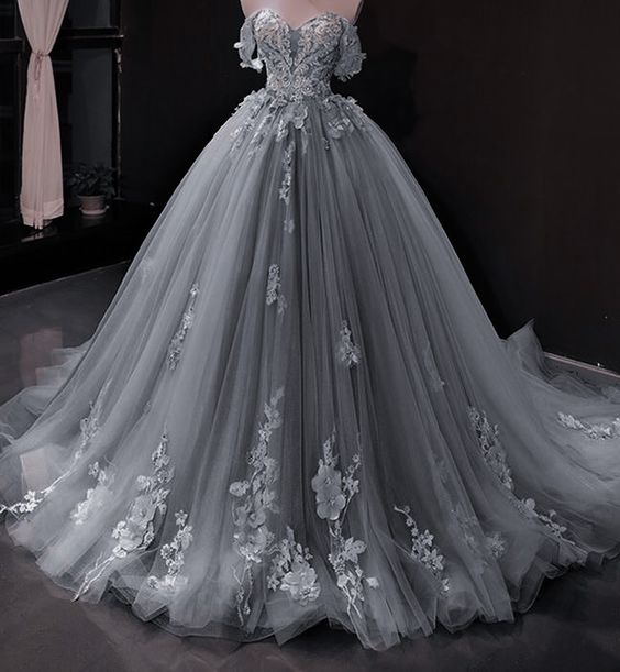 Vestido de baile elegante con hombros descubiertos y apliques de encaje azul Y1578