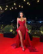 Robe de soirée sirène à sequins rouges avec fente, robe de bal sexy Y1640