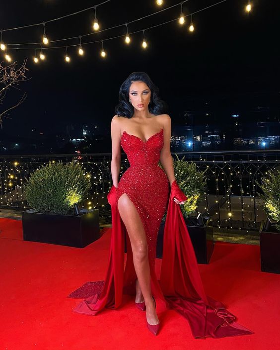 Robe de soirée sirène à sequins rouges avec fente, robe de bal sexy Y1640
