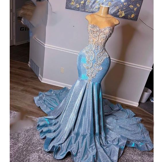Robes de bal bleu clair, robes de soirée en cristal, robes de soirée à sequins, robes de bal sirène, robes de soirée à traîne Y1593