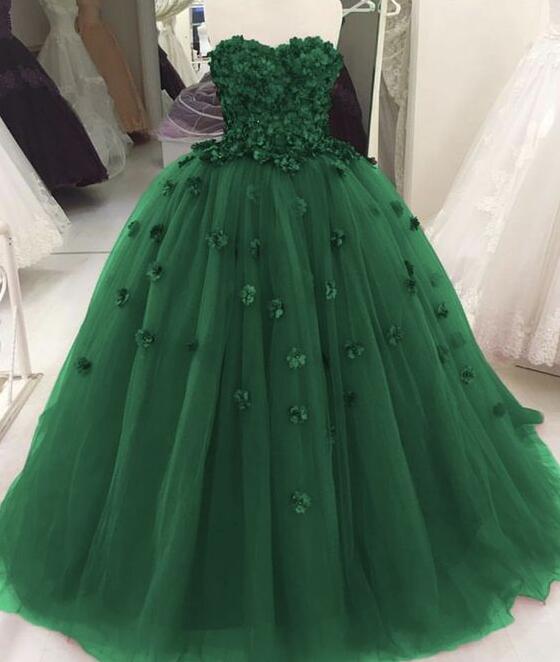 Robe de bal verte à décolleté cœur ornée de fleurs pour quinceañera Y1622