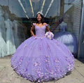 Vestido de quinceañera morado con volantes florales y escote corazón, corte princesa, modelo Y1610