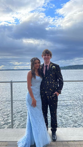 Robe de bal sirène longue en dentelle bleu ciel à fines bretelles, modèle Y1733