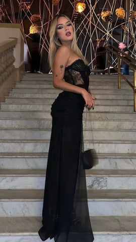 Robe de soirée longue noire sexy, corset en dentelle noire illusion Y1047