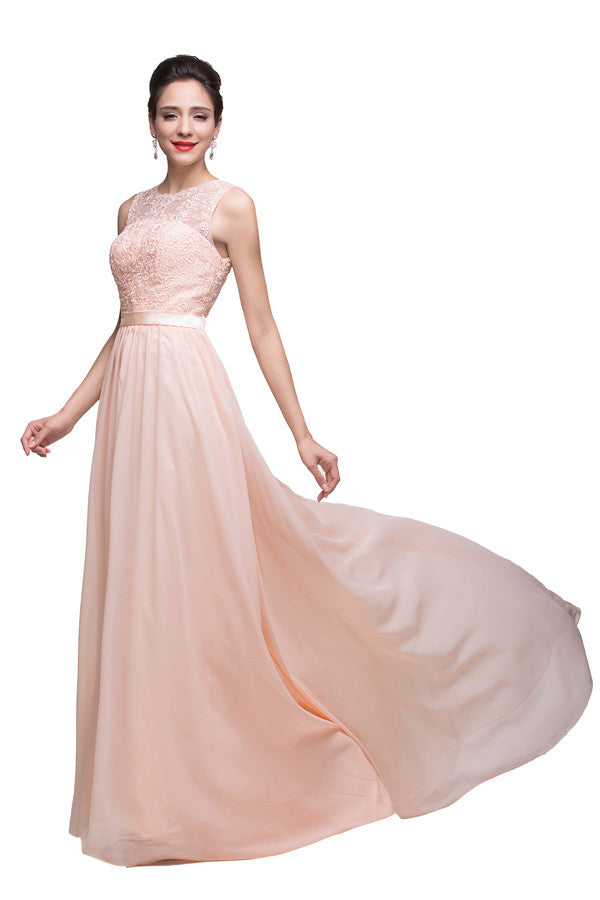 Vestidos de dama de honor largos hasta el suelo, corte en A, cuello redondo, fajín, gasa y apliques
