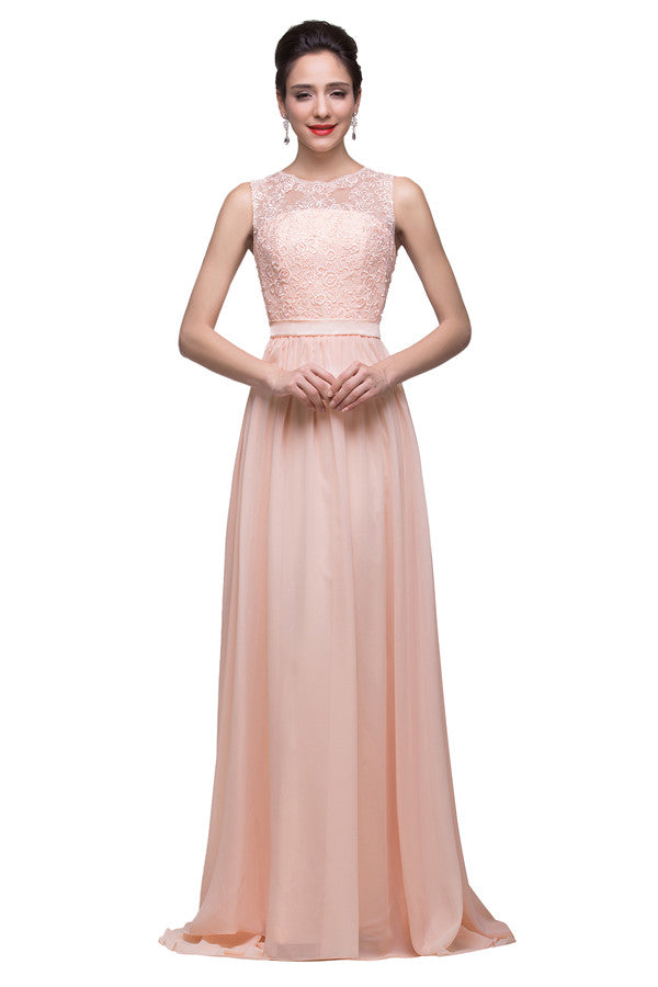 Vestidos de dama de honor largos hasta el suelo, corte en A, cuello redondo, fajín, gasa y apliques