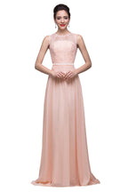 Vestidos de dama de honor largos hasta el suelo, corte en A, cuello redondo, fajín, gasa y apliques