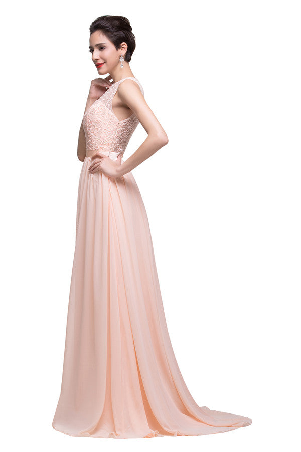 Vestidos de dama de honor largos hasta el suelo, corte en A, cuello redondo, fajín, gasa y apliques