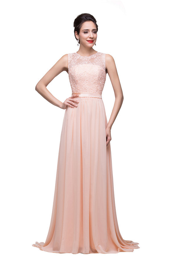 Vestidos de dama de honor largos hasta el suelo, corte en A, cuello redondo, fajín, gasa y apliques