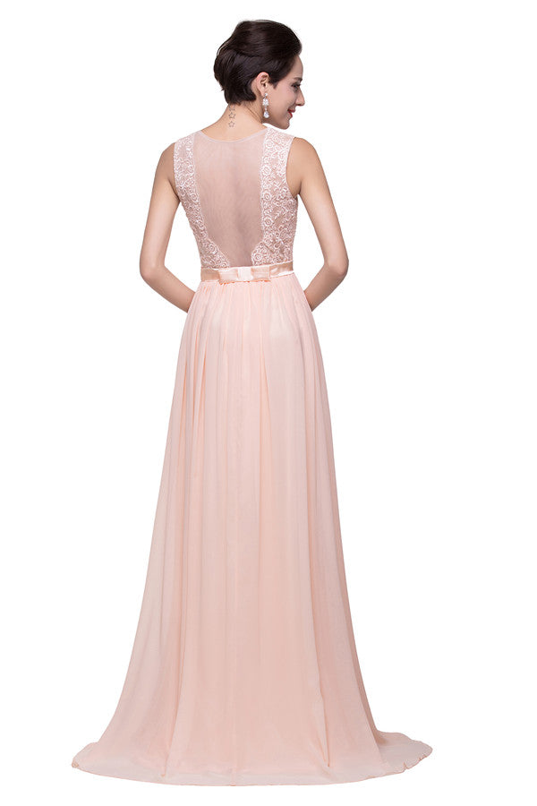 Vestidos de dama de honor largos hasta el suelo, corte en A, cuello redondo, fajín, gasa y apliques