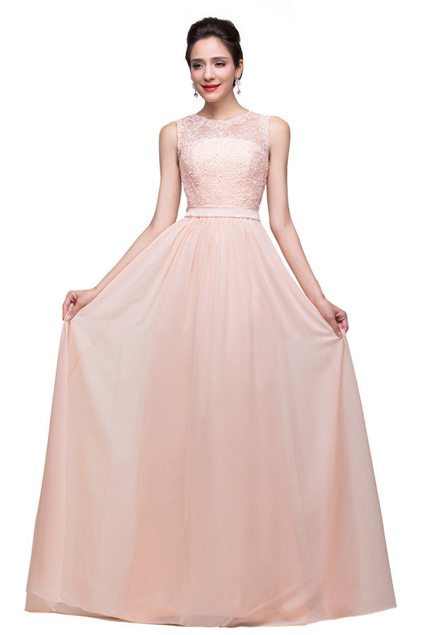 Vestidos de dama de honor largos hasta el suelo, corte en A, cuello redondo, fajín, gasa y apliques