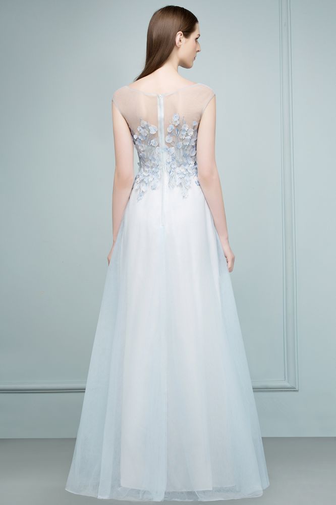 Robe de bal longue en tulle sans manches à fleurs appliquées, coupe trapèze, sans manches, ornée de fleurs appliquées