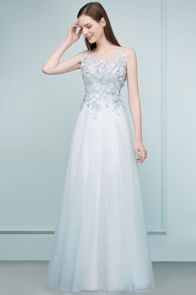 Robe de bal longue en tulle sans manches à fleurs appliquées, coupe trapèze, sans manches, ornée de fleurs appliquées