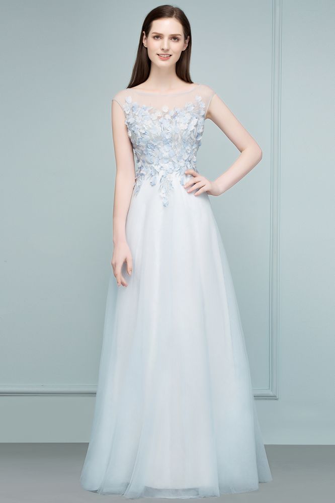 Robe de bal longue en tulle sans manches à fleurs appliquées, coupe trapèze, sans manches, ornée de fleurs appliquées