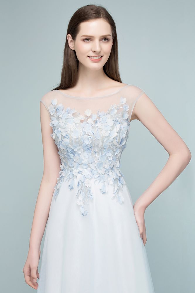 Robe de bal longue en tulle sans manches à fleurs appliquées, coupe trapèze, sans manches, ornée de fleurs appliquées