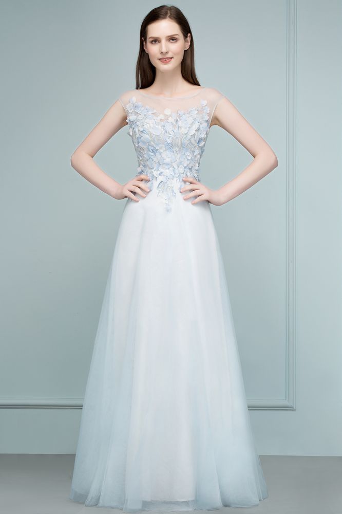 Robe de bal longue en tulle sans manches à fleurs appliquées, coupe trapèze, sans manches, ornée de fleurs appliquées