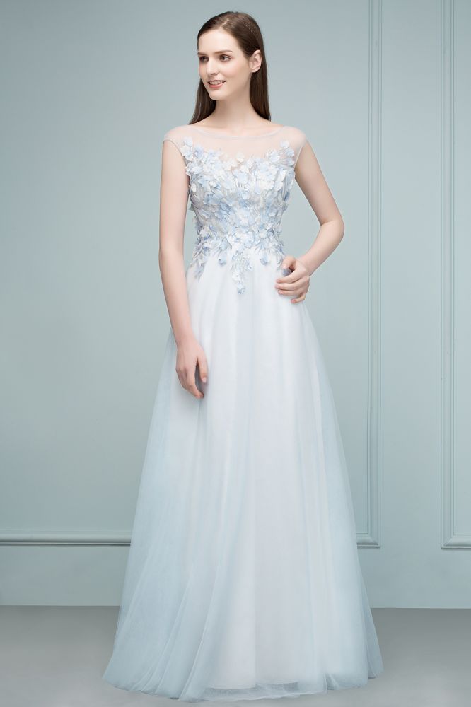 Robe de bal longue en tulle sans manches à fleurs appliquées, coupe trapèze, sans manches, ornée de fleurs appliquées