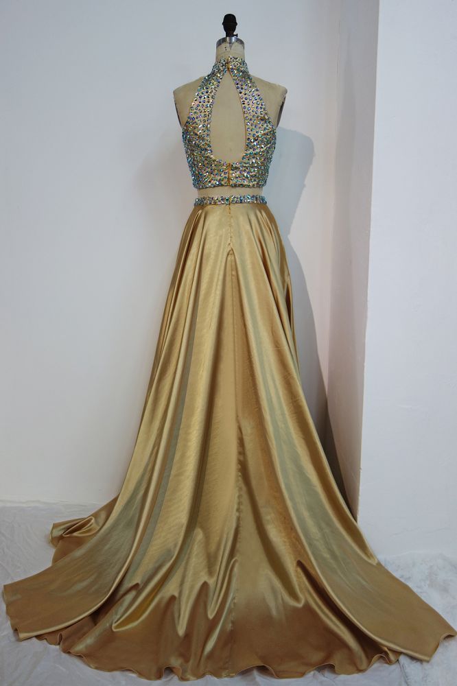 Robes de bal deux pièces longues en forme de A, dos nu, ornées de cristaux