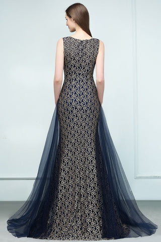 Vestidos de fiesta largos dorados de sirena sin mangas con encaje y cuello redondo