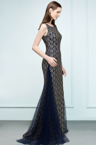 Vestidos de fiesta largos dorados de sirena sin mangas con encaje y cuello redondo