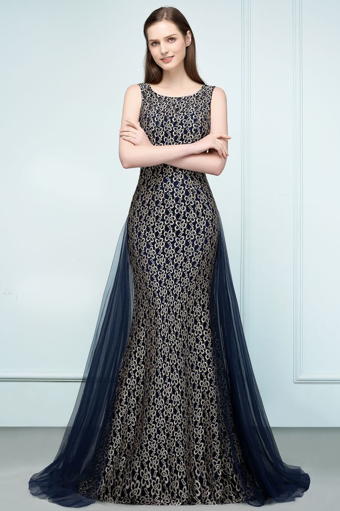 Robe de bal sirène dorée longue sans manches en dentelle à col rond