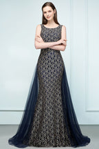 Robe de bal sirène dorée longue sans manches en dentelle à col rond